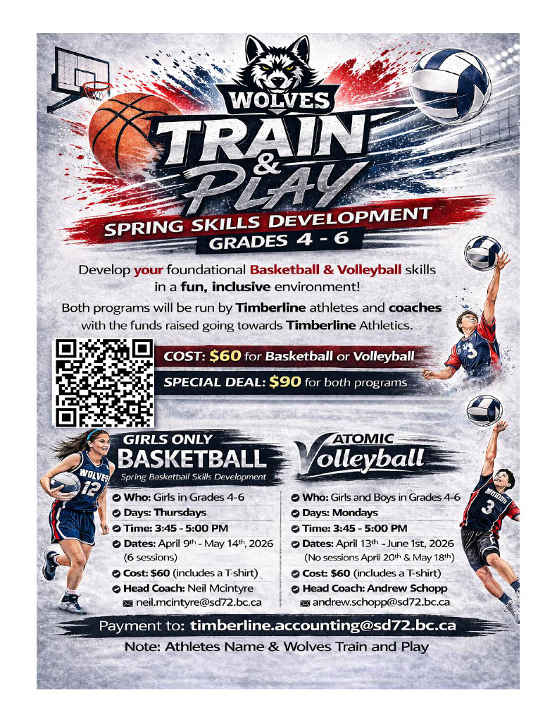 Wolves Train and Play Spring 2026 poster — Spring Skills Development for Grades 4-6